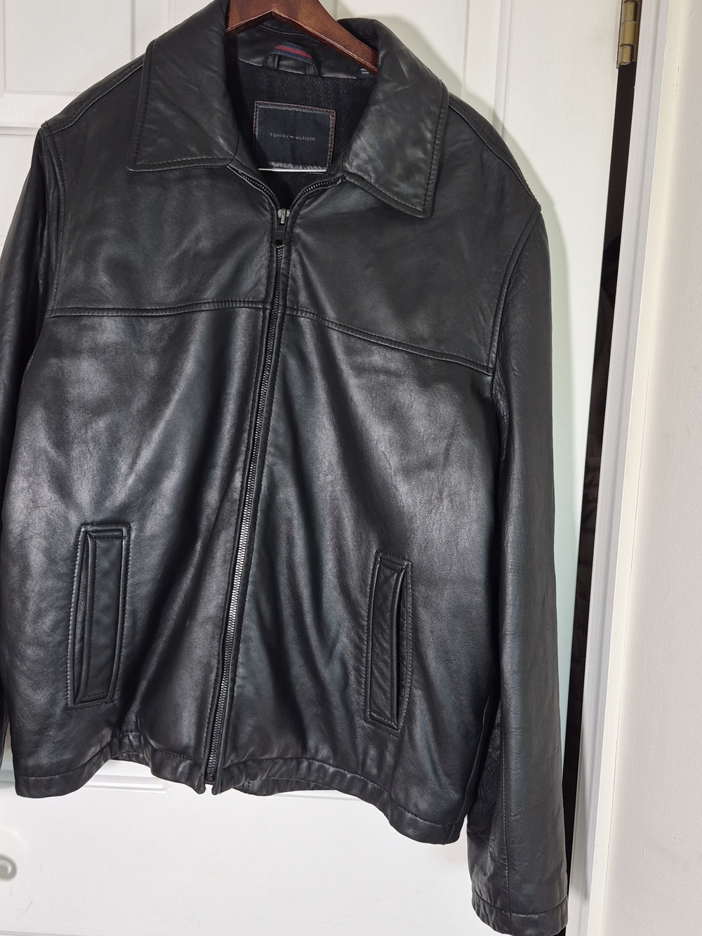 Tommy Hilfiger Black Leather Bomber-Style Jacket - Large